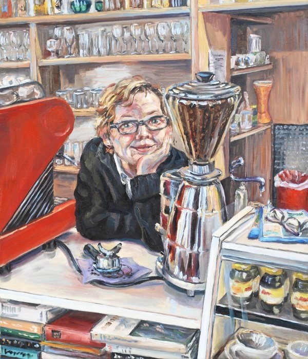 Frau Schlemmer wird im Cafe Schlemmer portraitiert